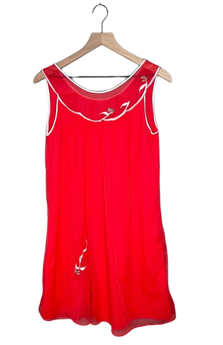 Vtg S M Movie Star Red Babydoll Silky Soft Nylon Nightgown Nightie Embroidered